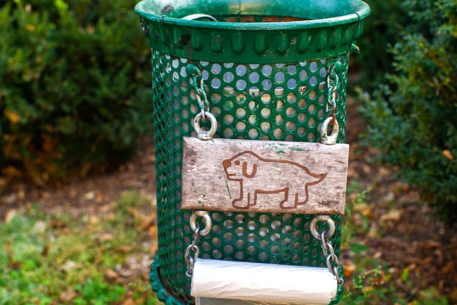 Trash can with a picture of a dog and bags for excrement